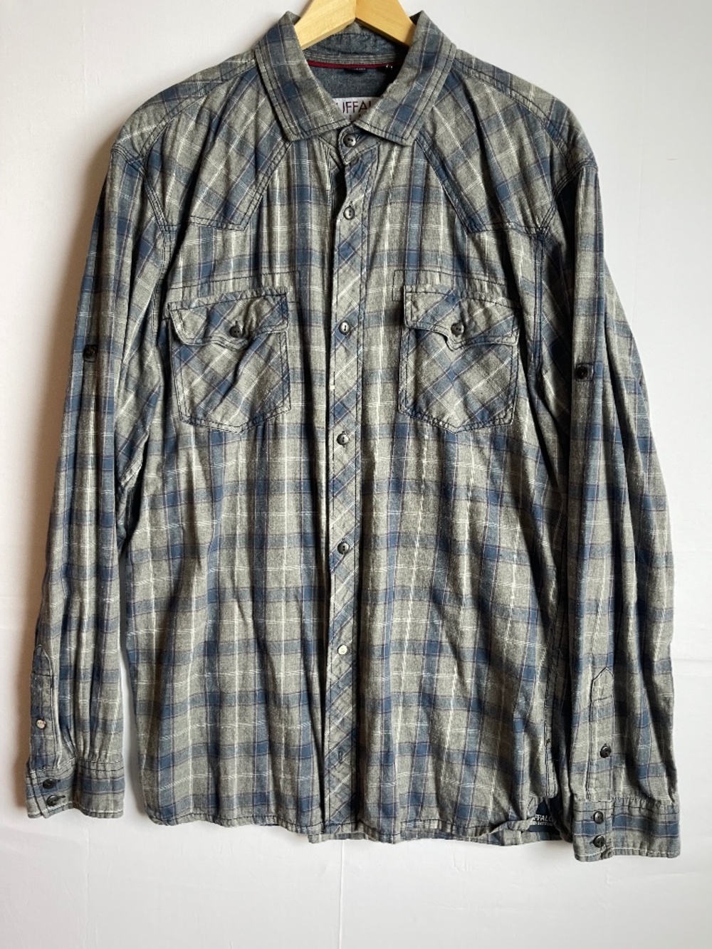 Buffalo David Bitton Men's XXL Plaid Long Sleeve Button Up Shirt Gray Blue Y2K